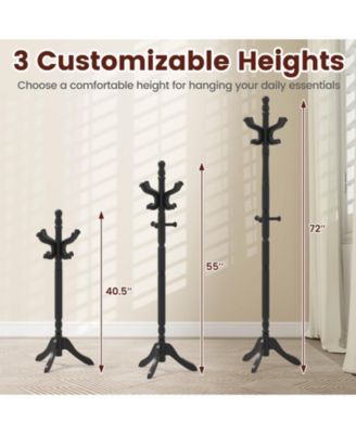 Solid Rubber Wood Coat Rack with 3 Adjustable Heights and 11 Hooks for Hallway