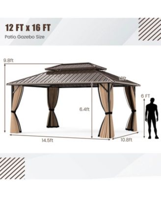 16 x 12 FT Hardtop Gazebo with Netting Heavy-Duty Double-Roof Galvanized Metal Top