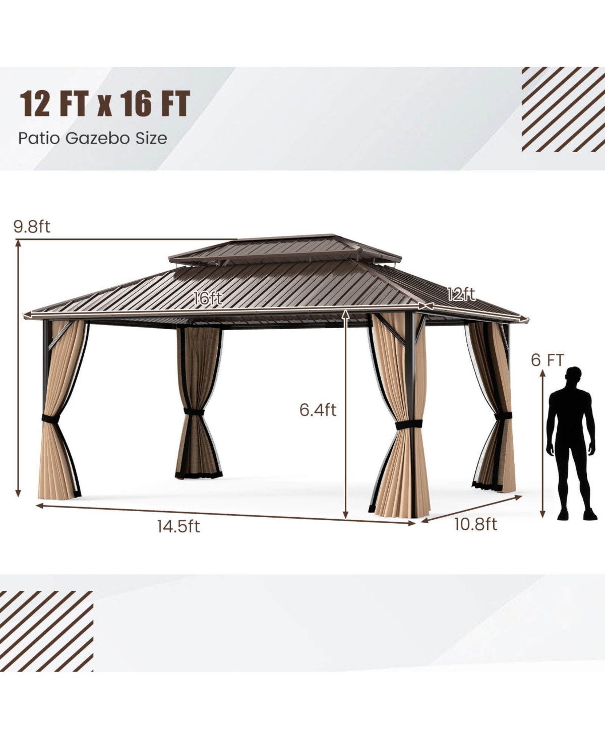 16 x 12 Ft Hardtop Gazebo with Netting Heavy-Duty Double-Roof Galvanized Metal Top