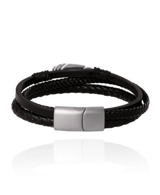 Mens Triple Row Black Leather Bracelet with Silver Accents