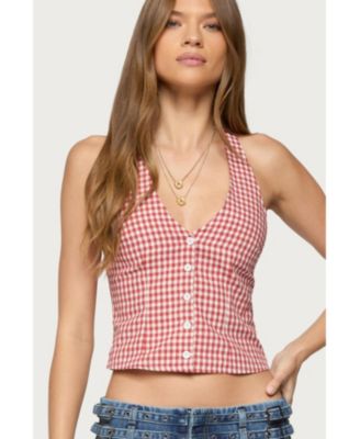Womens Evan Gingham Button Up Halter Top