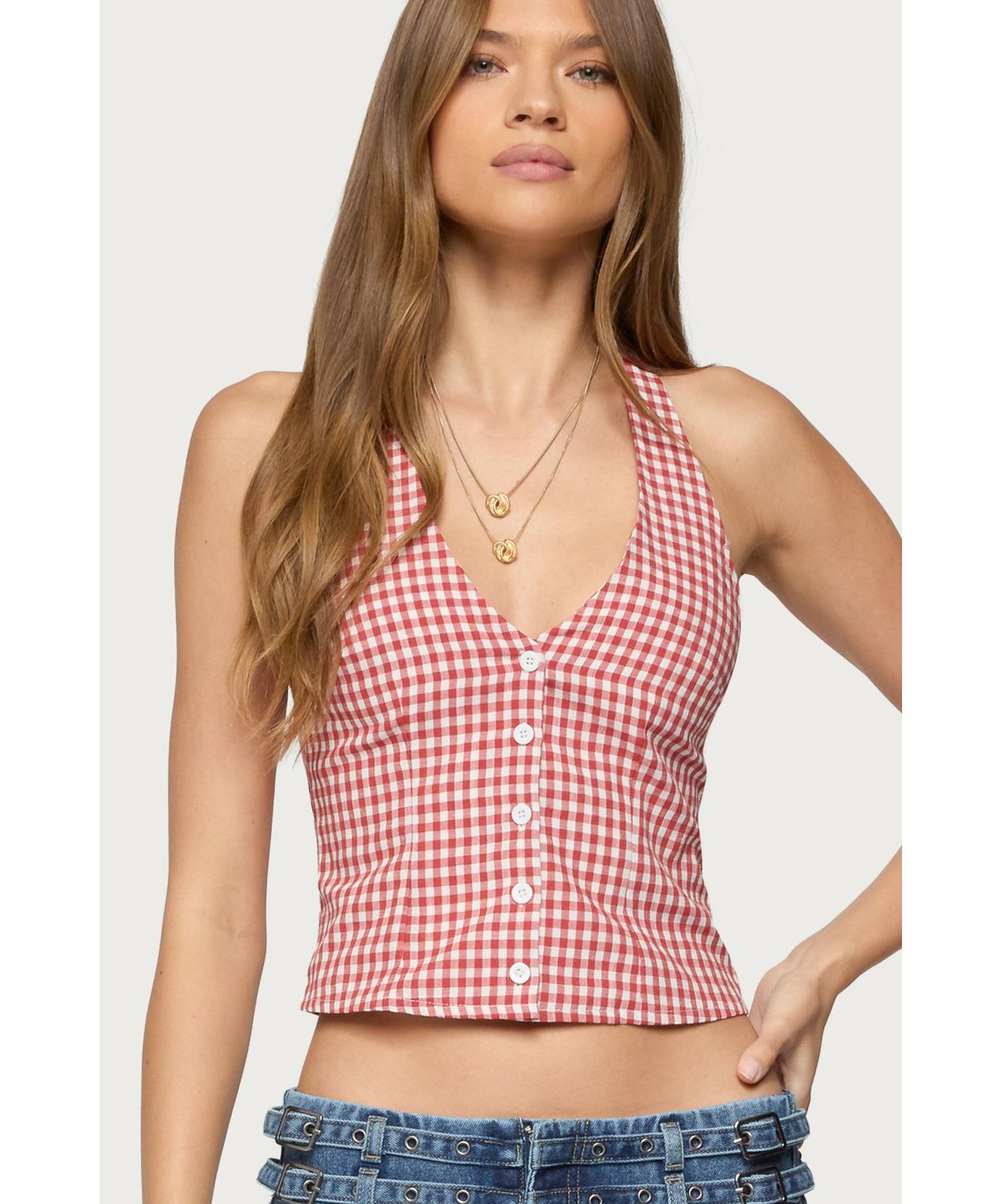 Womens Evan Gingham Button Up Halter Top