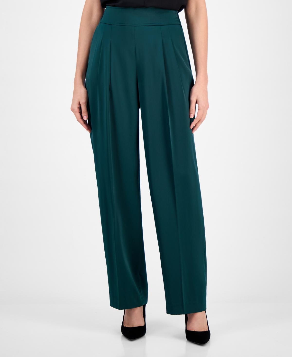 Anne Klein Petite Satin High-rise Wide-leg Pants In Green
