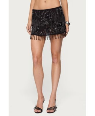 Women's Sheer Sequin Bead Fringed Mini Skirt