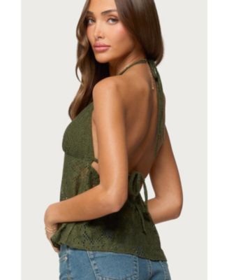 Womens Sheer Crochet Babydoll Halter Top