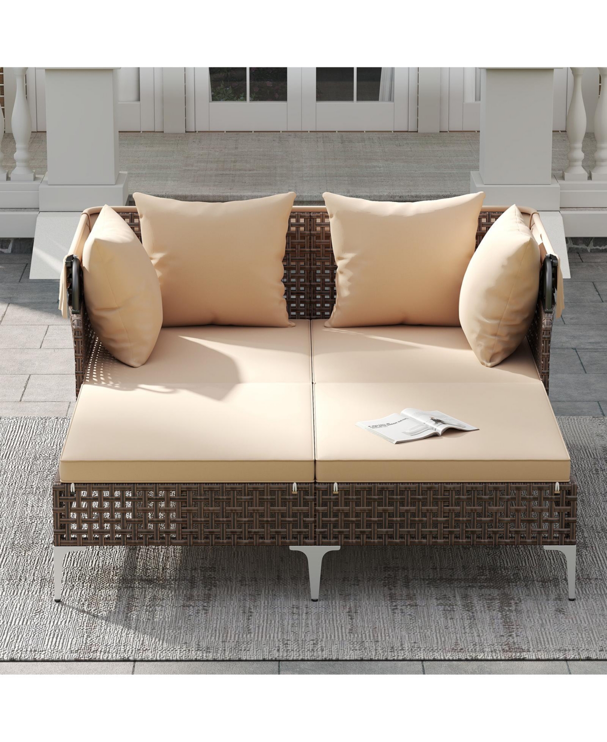 Gymax Outdoor Daybed w/ Retractable Canopy Pe Wicker Rattan Patio Double Chaise Lounger