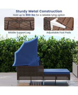Outdoor Daybed w/ Retractable Canopy PE Wicker Rattan Patio Double Chaise Lounger