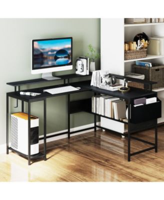 L-Shaped Gaming Desk w/ LED Lights & Power Outlets Monitor Stand Fabric Bag