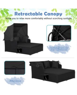 Patio Rattan Daybed Lounge Retractable Top Canopy Side Tables Cushions Outdoor
