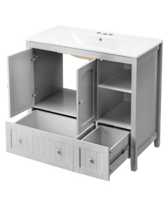 35.4"W MDF 2 Drawers & Double Doors Lacquered Bathroom Vanity Cabinet
