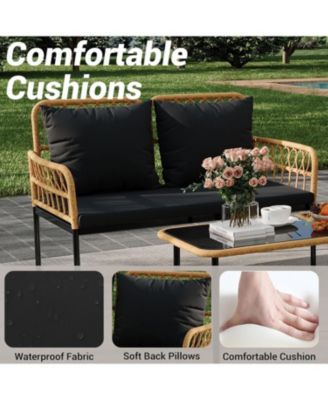 4 Pieces Patio Furniture Sets Wicker Outdoor Patio Table and Chairs Set with Glass Side Table, Loveseat Chairs, Boho Rattan Conversation Sets for Bistro, Apartment, Backyard, Porch, Black