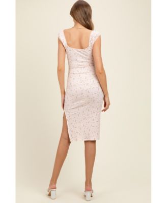 Maternity Pink Floral Ditsy Cap Sleeve Side Slit Midi Dress
