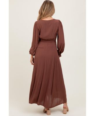 Brown Lace Detail Button Down Maternity Maxi Dress