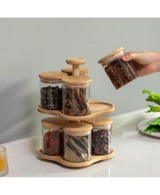 Minimalist Two-Tier Bamboo Lazy Susan Turntable with 8 Pcs 12 oz Airtight Lid Glass Jars, Versatile Spice Rack Organizer, Perfect for Kitchen Countertops, Dining Tables, and Pantry Cabinets