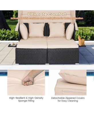 Patio Rattan Daybed Lounge Retractable Top Canopy Side Tables Cushions