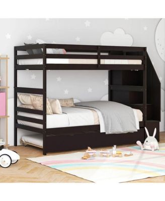 Twin over Twin Wooden Bunk Bed w/ Trundle Storage Stairs Convertible