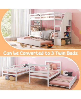 Twin Size Wooden Bunk Bed w/ Trundle Storage Stairs Convertible