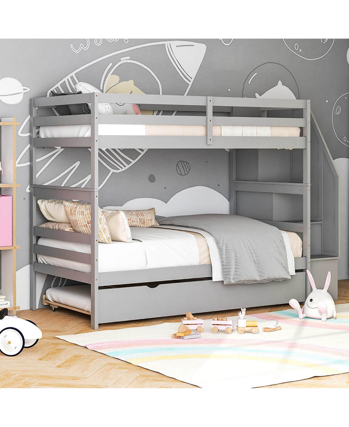 Gymax Twin over Wooden Bunk Bed w/ Trundle Storage Stairs Convertible