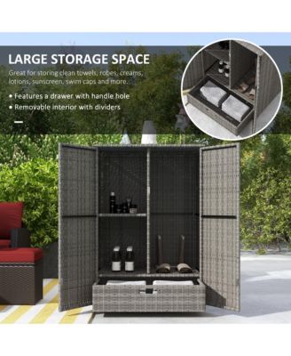 Outdoor Wicker Towel Rack for Pool w/ Drawer &amp; Cabinet, Dark