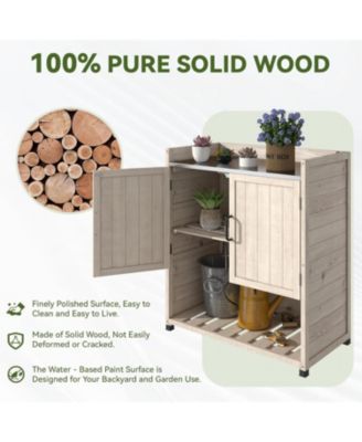 Potting Bench, Outdoor Wooden Storage Cabinet with Adjustable Shelf, Metal Tabletop