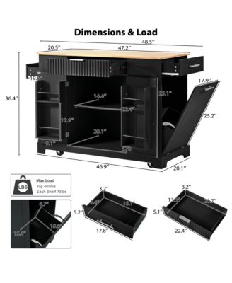 Rolling Kitchen Island with Trash Bin Cabinet, Power Outlet, 3 Drawers, Side Spice Racks, Solid Wood Top, Lockable Wheels