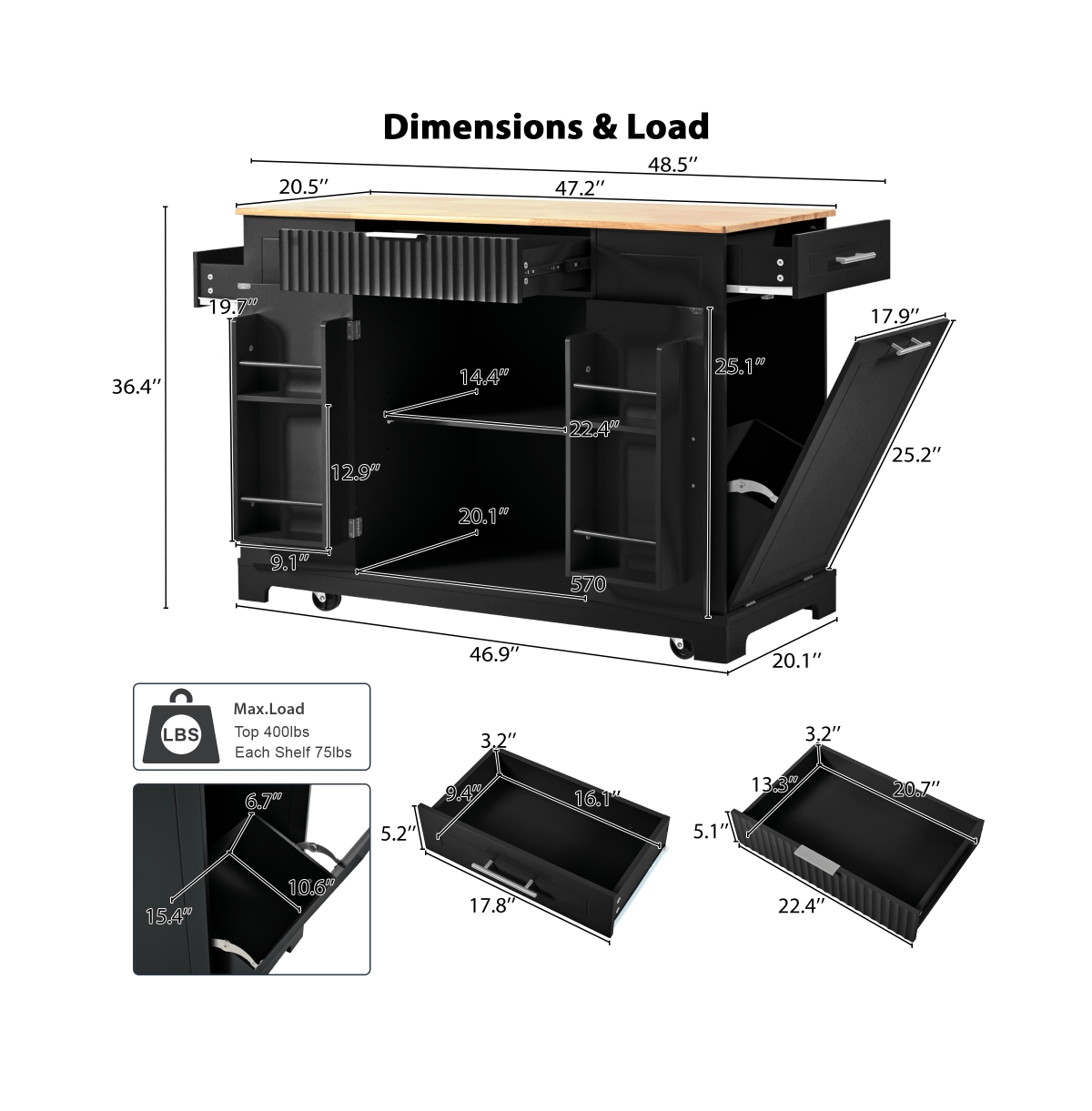Rolling Kitchen Island with Trash Bin Cabinet, Power Outlet, 3 Drawers, Side Spice Racks, Solid Wood Top, Lockable Wheels-Maison Boucle