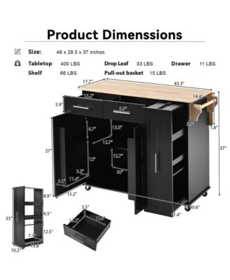 46" Rubberwood Top Rolling Kitchen Island Cart with Drop Leaf, 3-Tier Pull-Out Organizer and Hidden Door Racks