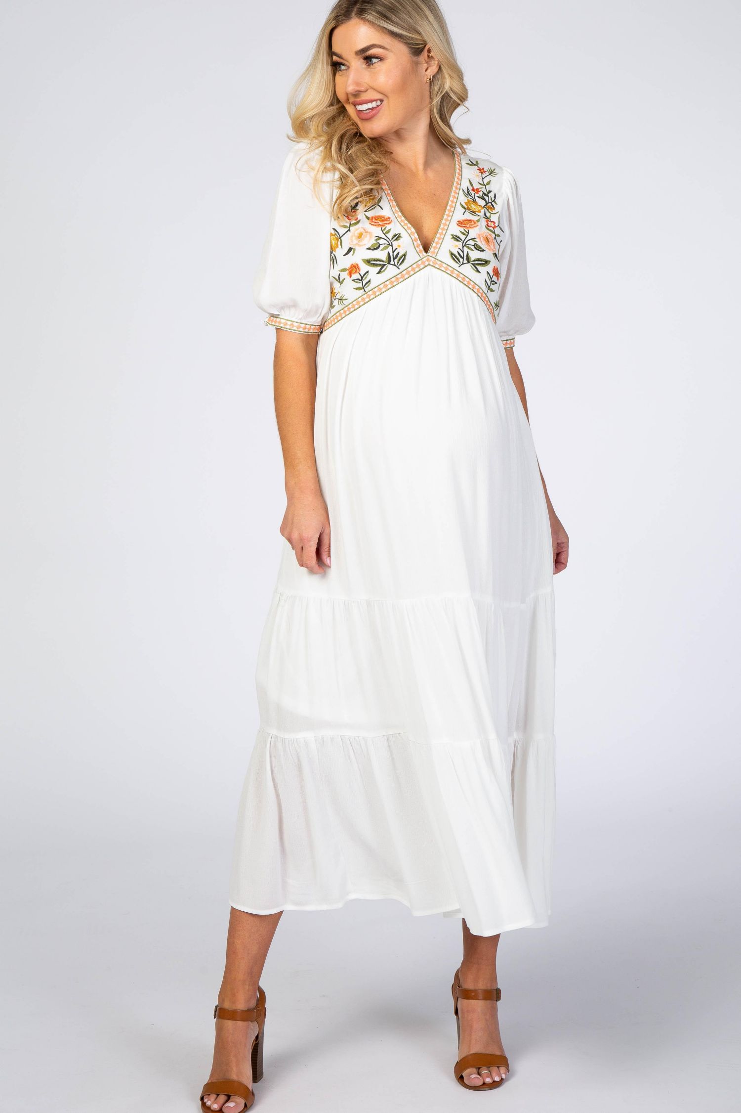 Women's Ivory Floral Embroidered Midi Dress