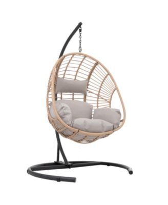 Natural Wicker Egg Swing Chair with Beige Cushion for Indoor and Outdoor Use