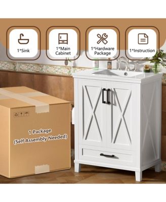 24" Solid Wood and MDF Bathroom Vanity with Sink, Soft-Close Doors, Drawer and Storage Shelves