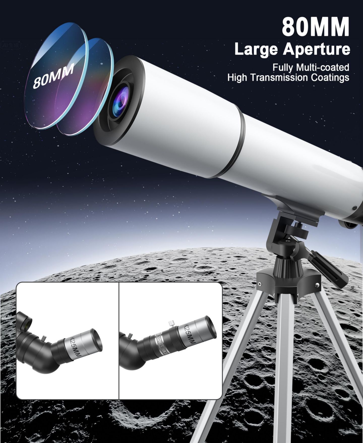Детские игрушки SUGIFT 80mm Refractor Telescope with Phone Adapter Astronomy Science Kit, Ages 8+, цвет: Белый — фото 2