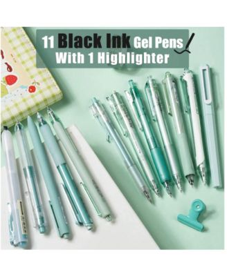 12Pack Pastel Gel Ink Pen Set, 11 Pack Black Ink Pens With 1Pack Highlighter For Writing, Retractable 0.5mm Fine Point Cute Note Taking Pens For School Office