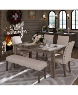 Dining Table Set for 6, 6 Piece Farmhouse Dining Set, Country Style Kitchen Table, 4 Upholstered Chairs & Bench
