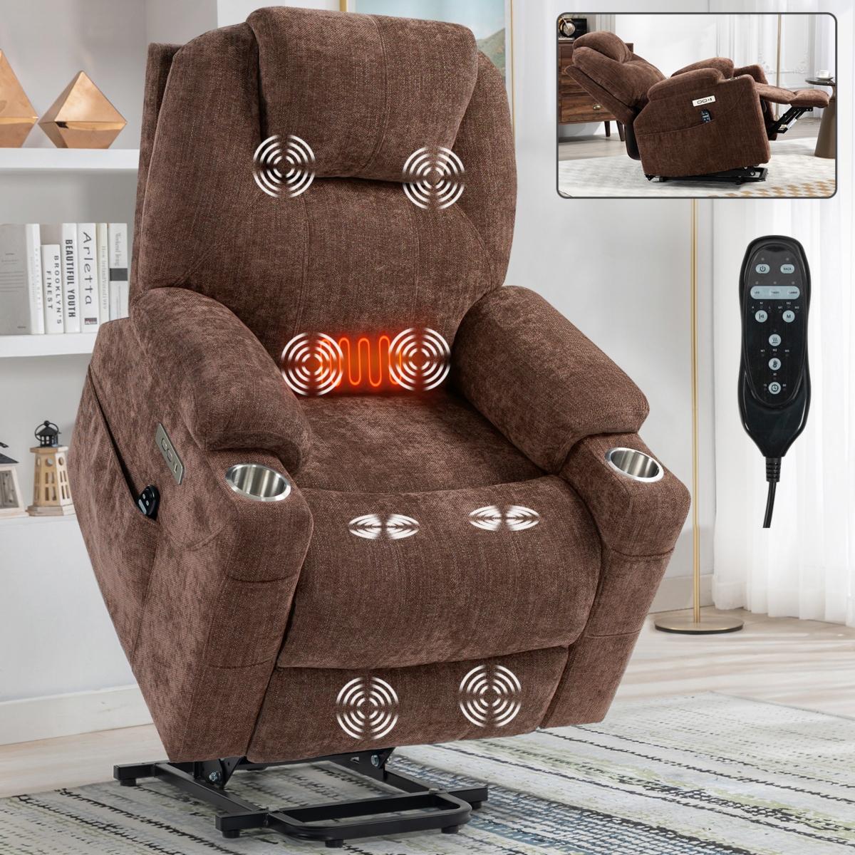 Clihome Up to 350 Lbs Chenille Power Lift Recliner Chair Heavy Duty Motion Mechanism with 8 Point Vibration Massage and Lumbar Heating Usb and Type C
