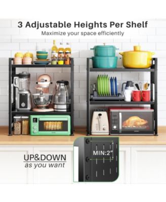 17.4"- 27.4" Expandable Microwave Stand, 3-Tier Heavy Duty Adjustable Height Microwave Oven Rack with 9 Hooks and Cutting Board Holder, Countertop Kitchen Shelf Organizer, Holds up to 180 lbs, Black