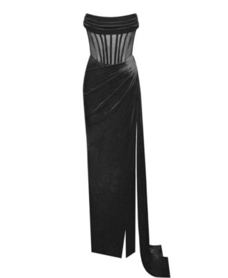 Women's Priya Black Draping Corset High Slit Velvet Gown