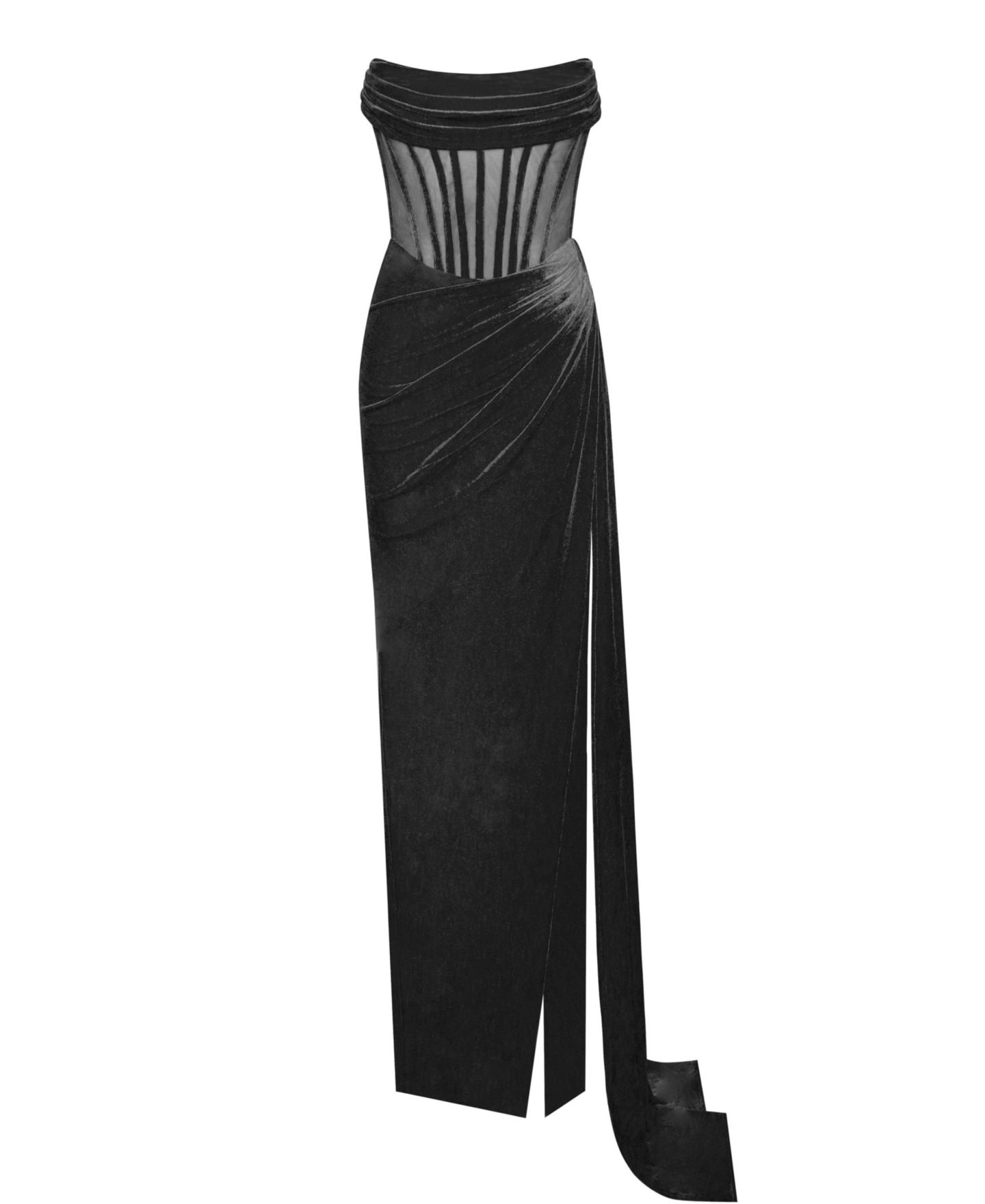 Женское платье Miss Circle Priya Black Draping Corset High Slit Velvet Gown, цвет: Чёрный — фото 9