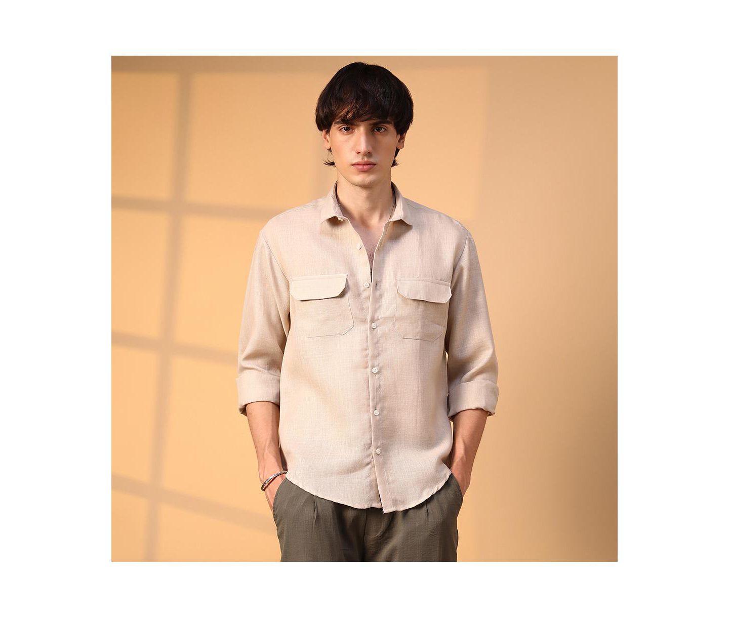 Мужская рубашка Cahoot Campus Sutra Khaki Beige Solid Utility, цвет: Бежевый — фото 4