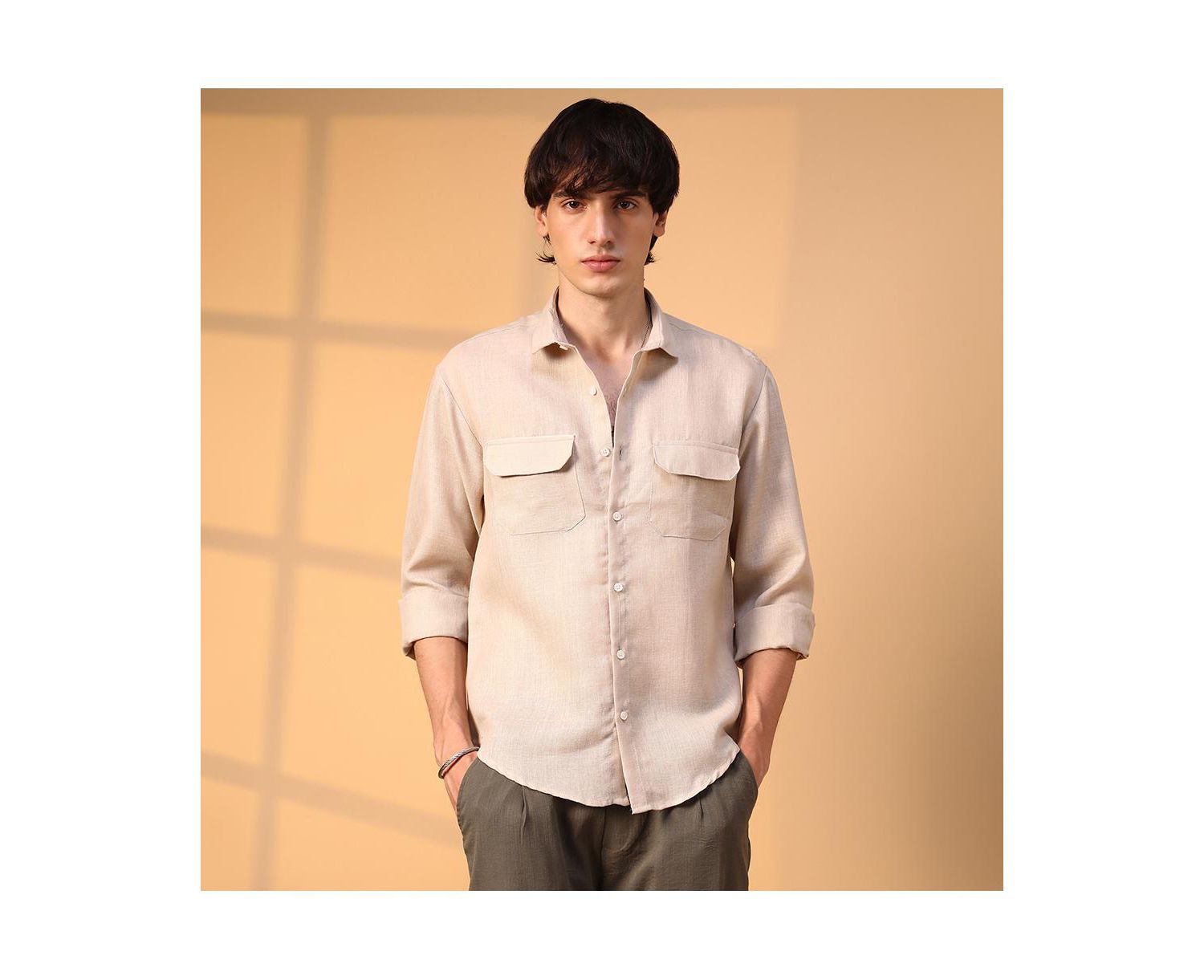 Men's Khaki Beige Solid Utility Shirt