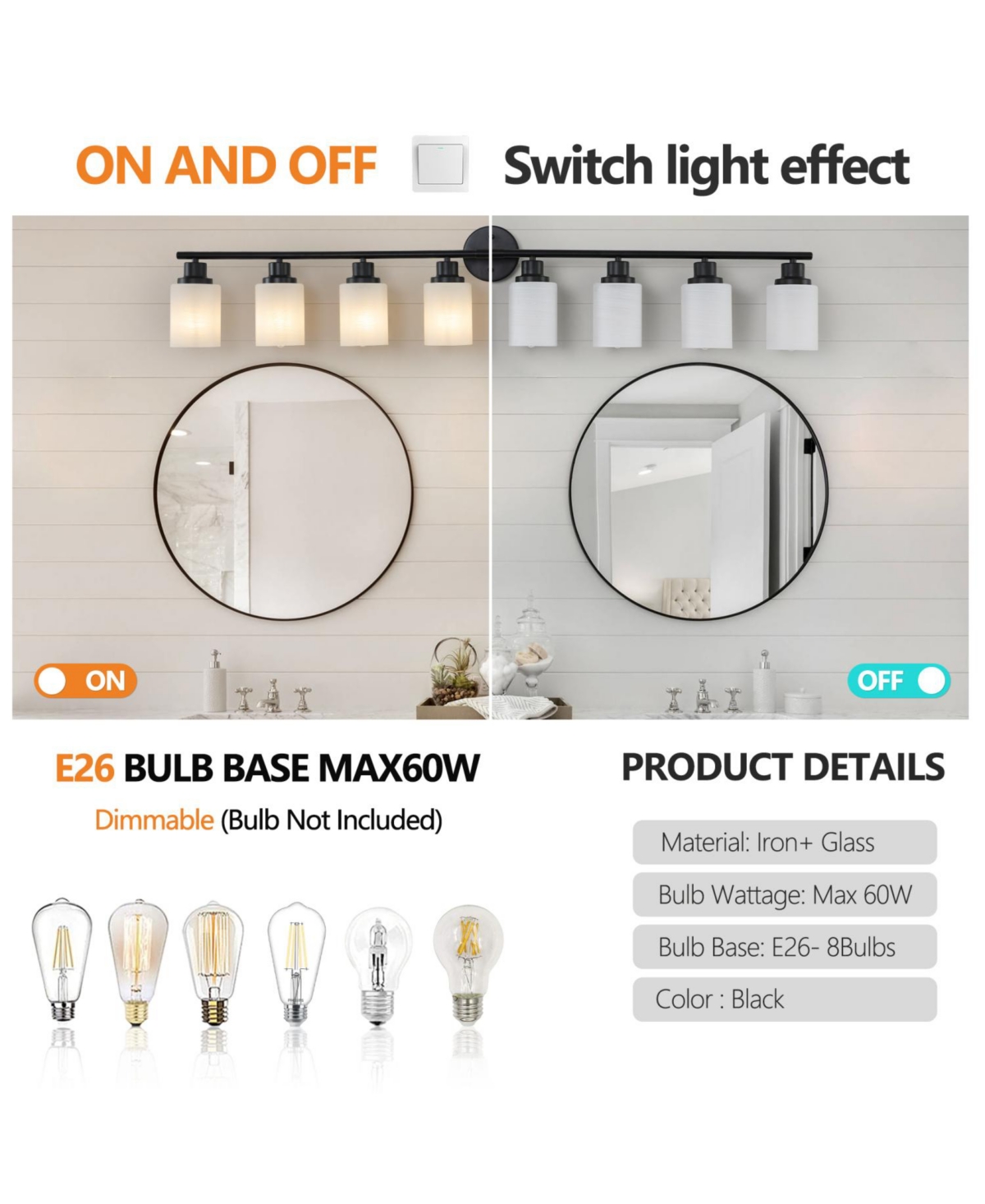 Streamdale Furniture Streamdale 8-Light Vanity Mirror Light Frosted Glass, Black Iron Frame, Bulb Not Incl.