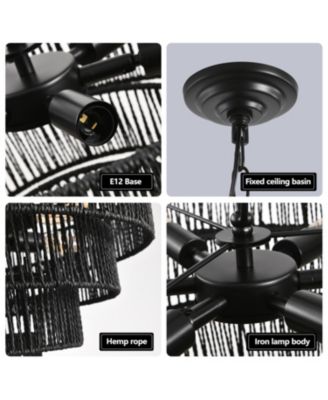 Rustic 5-Tier Hemp Rope Chandelier with 8 Sockets Hardwired Pendant Fixture