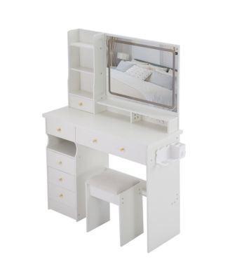 Vanity Table with Cushioned Stool, Power Station, Hair Dryer Stand, Large LED Mirror