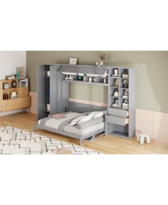 Queen Size Murphy Bed Wall Bed with Closet Drawers and Shelves