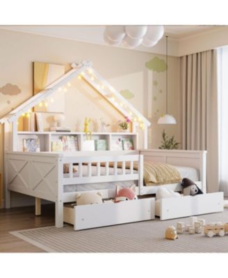 Wood Full House Platform Bed with LED & Storage