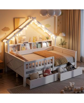 Wood Full House Platform Bed with LED & Storage