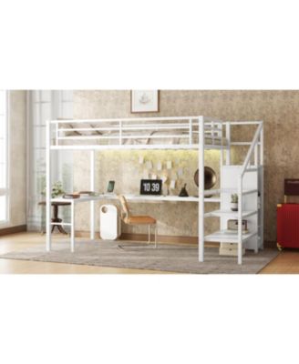 Loft Bed with Desk Wardrobe Shelf & LED - White