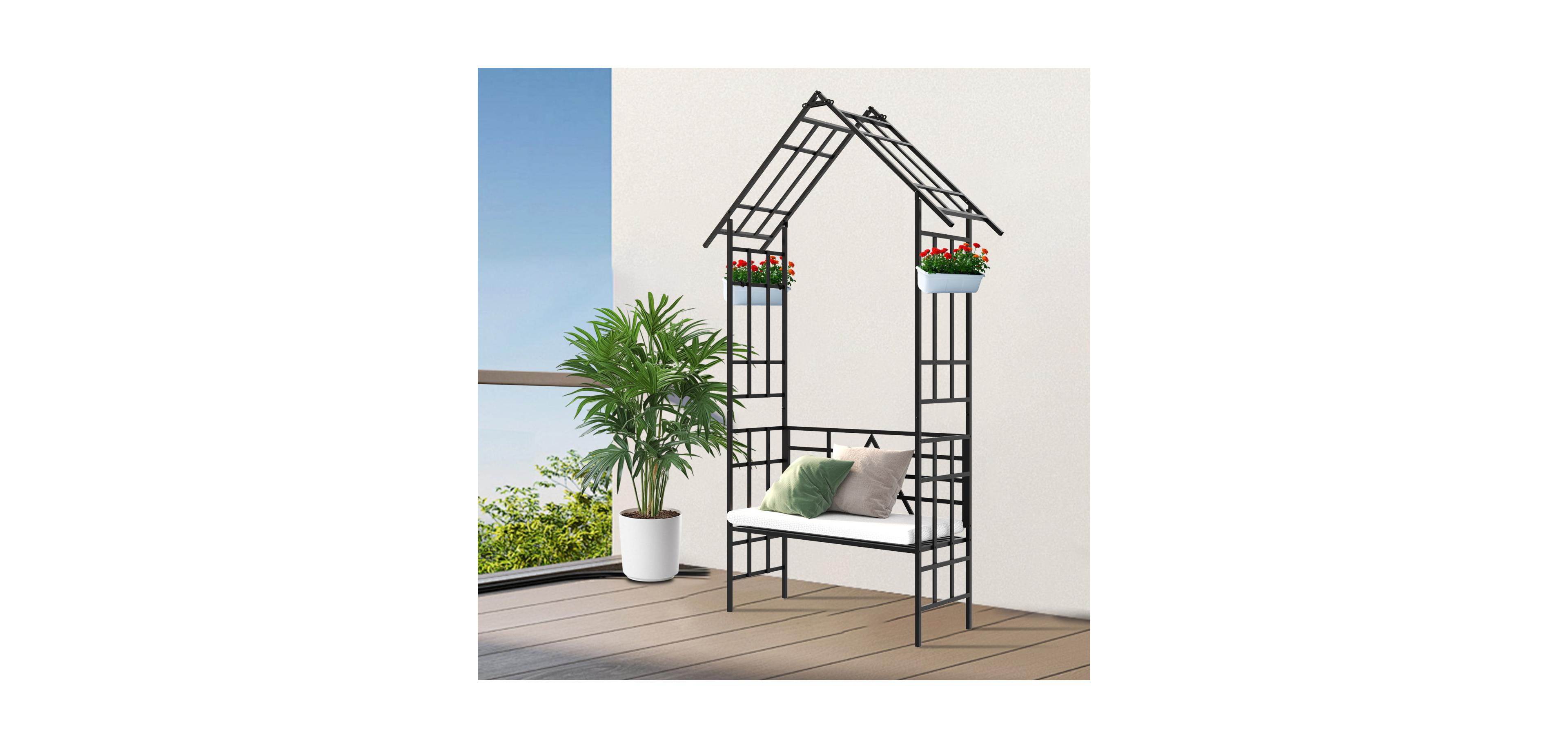 Streamdale Furniture Metal Garden Arch Bench Flower Stand Climbing Plants Support Black