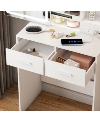 Small Vanity Desk with Mirror LED Lights & Outlet - White