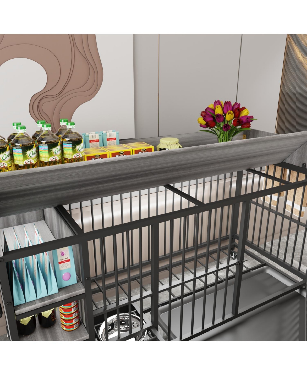 Streamdale Furniture Large Pet Cage w/ Storage & Stainless Steel Bowls (Black/Gray)