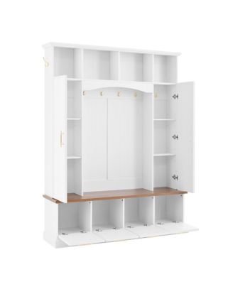 Streamdale 4-in-1 Hall Tree- 59" Wide, Golden Hooks, Walnut Bench, Adjustable Shelves, Black